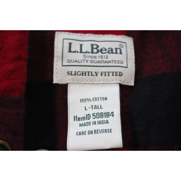 L.L. Bean Men's Scotch Plaid Flannel Hooded Shirt Tartan Red Large Tall H13844 - Picture 7 of 10